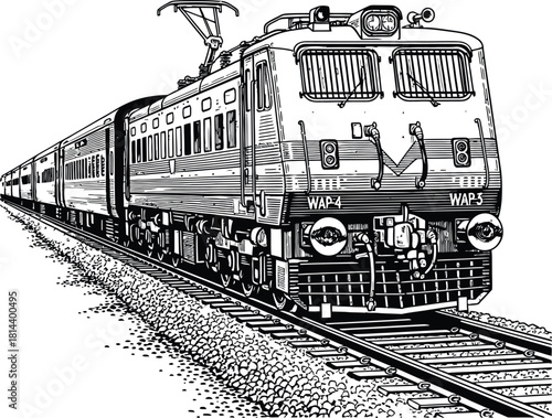 Engraving art black and white line art illustration of a powerful wap4 electric locomotive pulling passenger train cars along railway tracks