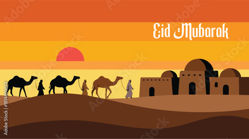 Desert caravan silhouette at sunset near an adobe village. Minimalist vector art of camels, people, and buildings against a striped sky. Eid Mubarak text displayed.