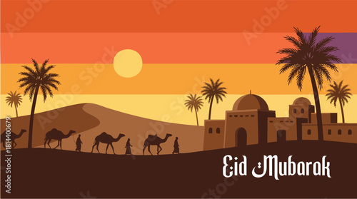 Desert caravan silhouette at sunset near an adobe village. Minimalist vector art of camels, people, and buildings against a striped sky. Eid Mubarak text displayed.