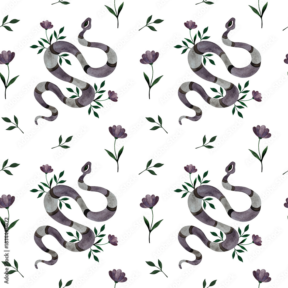 Fototapeta premium Watercolor seamless pattern featuring a whimsical lilac striped snake and delicate purple flowers on a crisp white background.