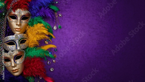 Colorful Masks With Feathers Decorated for a Festive Celebration in a Vibrant...