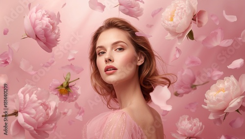 Beauty in a Pink Floral Setting With Soft Petals Surrounding the Model
