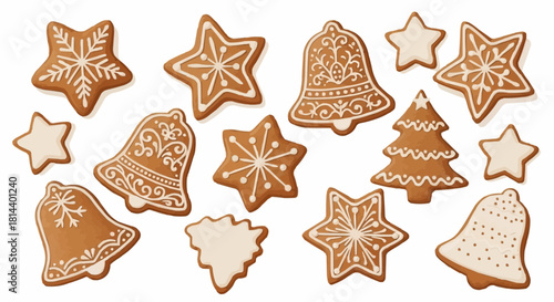 Collection of christmas gingerbread cookies including stars bells and a christmas tree shape design