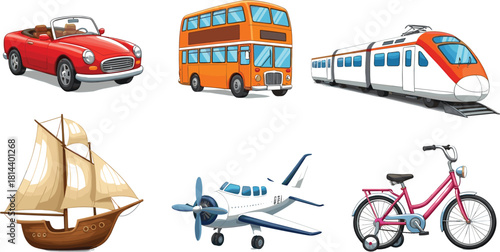Cartoon Transportation Vehicles Set Featuring Car, Bus, Train, Ship, Airplane, Bicycle – Fun Travel and Transport Vector Illustration