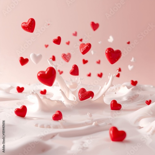 Red and White Hearts Splashing in Creamy Texture Against a Soft Pink Backdrop