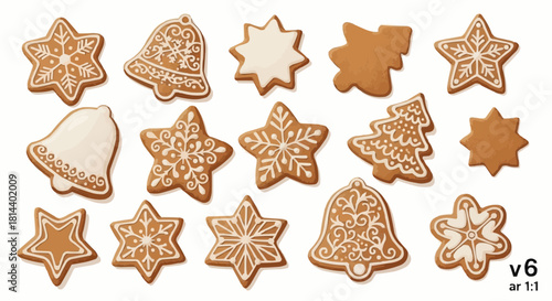 Assortment of decorated gingerbread cookies including stars bells and christmas trees on white background