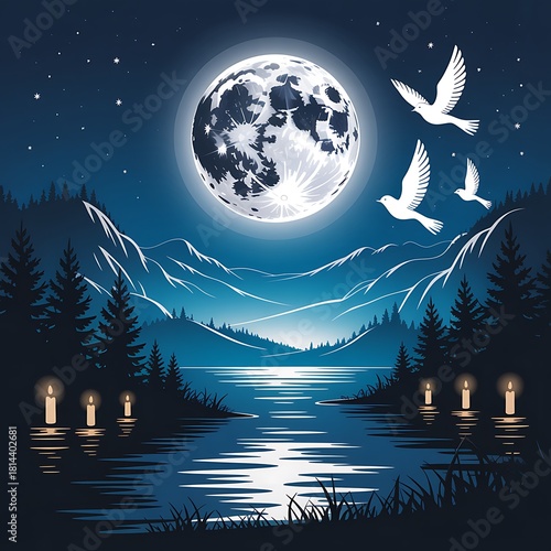 christmas night landscape with moon