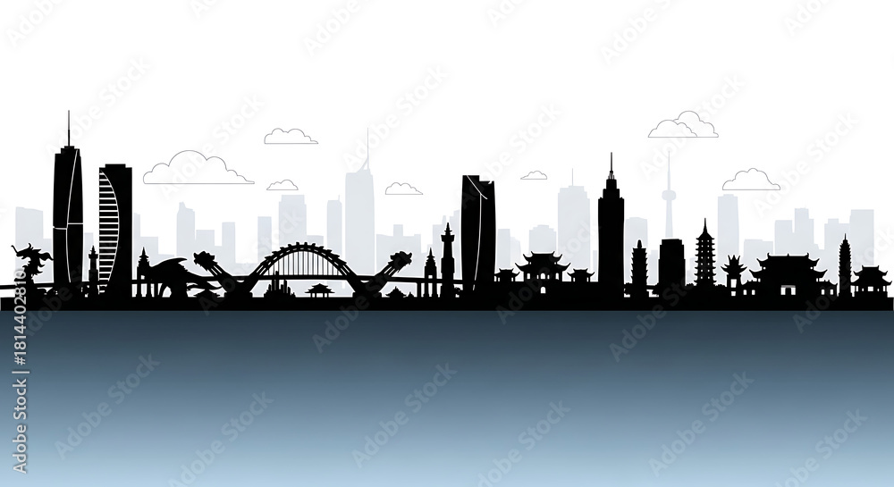 Obraz premium Vector illustration of the Da Nang skyline featuring Vietnam city silhouette, iconic urban landmarks, and minimalist metropolitan outlines for travel, design, and promotional graphics