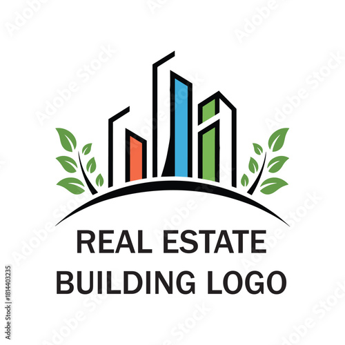 Modern Eco Real Estate Building Logo with Colorful Skyscrapers and Green Leaves