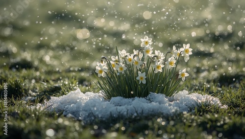 Daffodils Bloom Among Melting Snow in a Sunny Spring Afternoon Garden Scene
