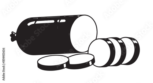 Black and white illustration of a pill bottle spilling tablets into view.