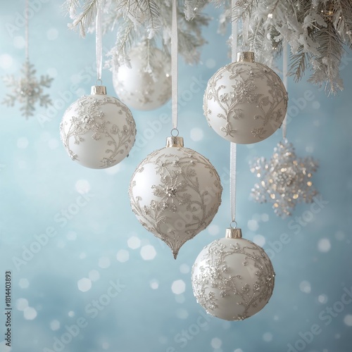 Snowflake Ornaments Hanging Against a Soft Blue Background During the Holiday Season