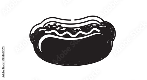 Minimalist black and white illustration of a hot dog in a bun.
