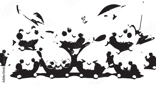 Monochrome silhouette collage of playful pandas arranged in a circular formation.