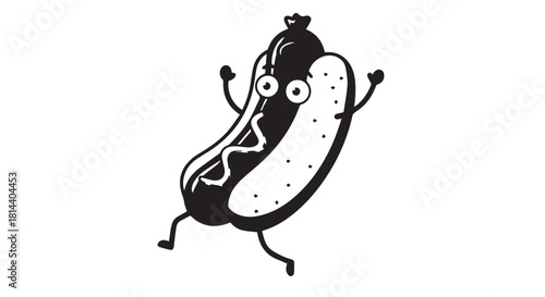 Playful cartoon hotdog character dancing with arms and legs.