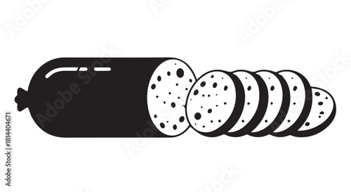 Sliced smoked sausage arranged in circular rounds on a white background, ready to eat.