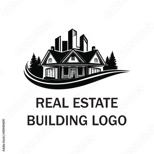 Real Estate Logo with House, Skyline and Trees in Elegant Design