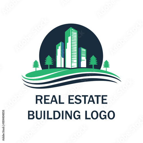 Modern Real Estate Building Logo Design with Skyscrapers, Trees, and Landscape Elements