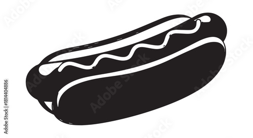 Cartoon hot dog with mustard and bun illustration on white background.
