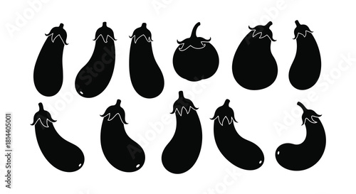 A collection of black silhouette eggplant shapes arranged in a grid pattern