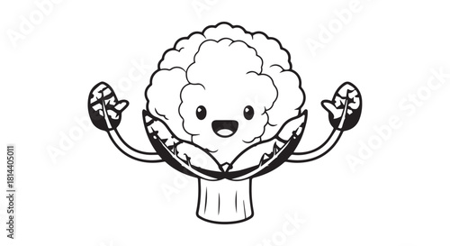 Cheerful muscular broccoli cartoon character flexing arms in a playful kitchen scene.