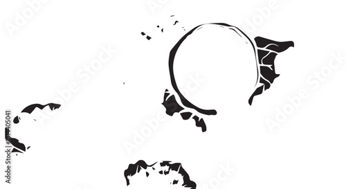 Abstract black and white circular shapes with splatter fragments and partial rings.