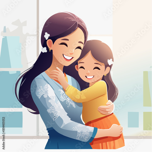 A beautiful, minimalist line art and watercolor illustration. Show the silhouette of a mother holding her child.