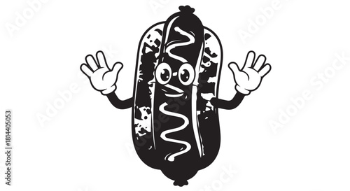 Playful cartoon hotdog character with glasses and raised arms, vibrant food illustration.