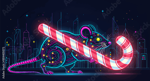 Neon cyber rat with candy cane in futuristic city during holiday season