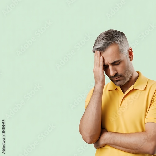 Stressed man with a headache hand on forehead looking down