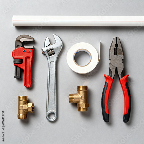 Wallpaper Mural Plumbing repair tools set with red pipe wrench and PVC pipes flat lay Torontodigital.ca