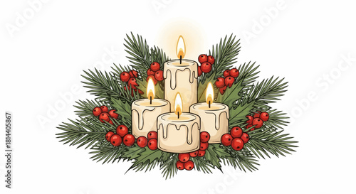 Illustration of four lit candles surrounded by pine branches and red berries arrangement decoratively