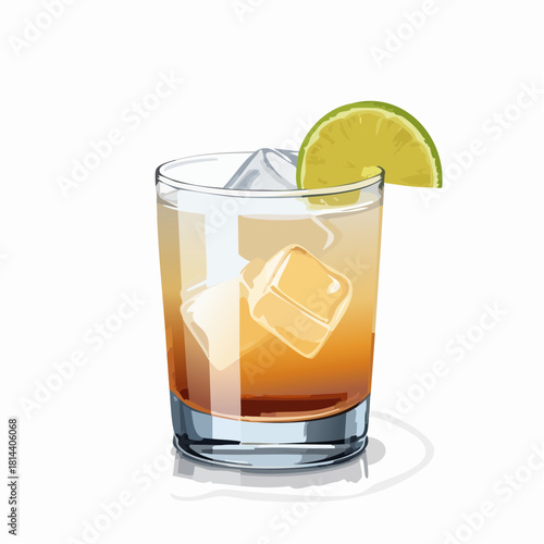 Refreshing Amber Cocktail with Ice Cubes and Lime Slice Garnished in a Clear Glass with Soft Lighting and White Background