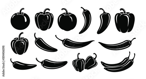 A collection of various black and white pepper illustrations in different shapes
