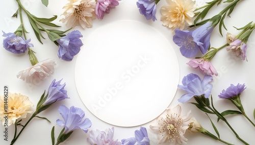Colorful Flowers Arranged in a Circle With Blank Space for Text on a Light Ba...