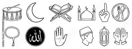 Set of hand drawn Islamic and Ramadan icons with vector symbols of Muslim religion including mosque Quran lantern and prayer beads in black and white line art style