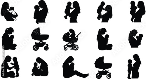 Motherhood and Baby Silhouette Vector Icon Set, Featuring Women Holding, Cuddling, and Playing with Infants, Along with Prams and Strollers, Symbolizing Maternal Love and Care.