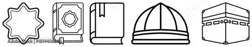 Islamic religion line icons set including Kaaba Quran book and geometric star symbol vector illustration