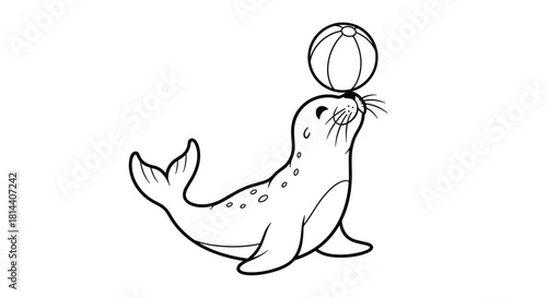 A cartoon seal balancing a ball on its nose in a black and white outline style.
