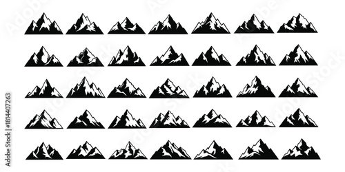 Collection of mountain silhouette icons isolated on white background for design