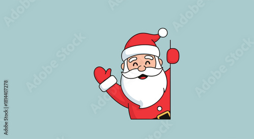 Cartoon Santa Claus peeking out from behind a light blue background, waving hello.