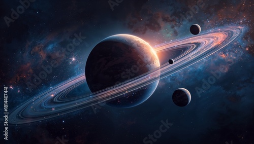 Stunning View of Colorful Planets and Rings in Deep Space at Night