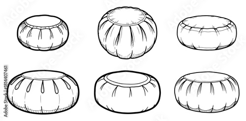 Round Meditation Floor Cushion Pouf Outline Vector Set