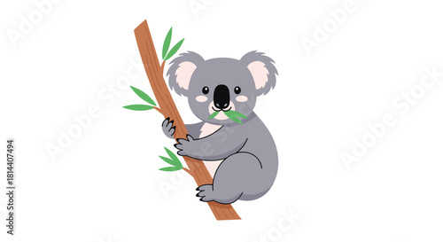 Cute cartoon koala eating leaves while clinging to a tree branch, isolated on white background.
