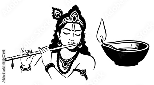 lord krishna playing flute with diya oil lamp devotional line art vector