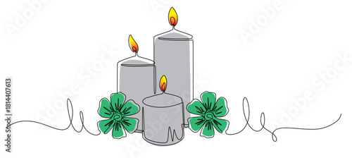 Continuous line art of a candle with a burning flame and flowers beside it. The concept of a moment of silence. This image is for religious celebrations. Vector illustration with attractive colors.