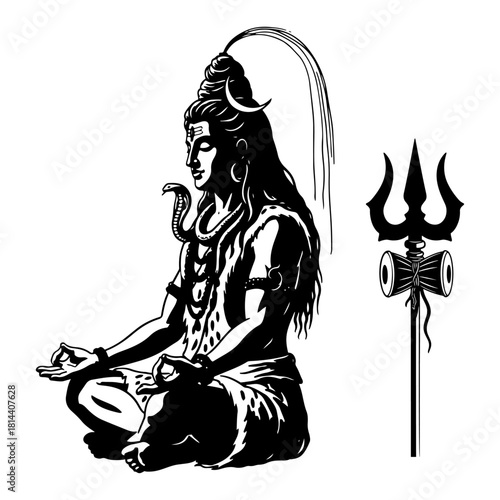 lord shiva in meditation sitting with trident and damaru detailed line art vector
