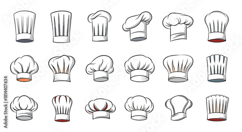 Collection of different white chef hats with varying pleats and styles.