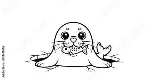Cute cartoon seal peeking through a hole with a fish in its mouth.
