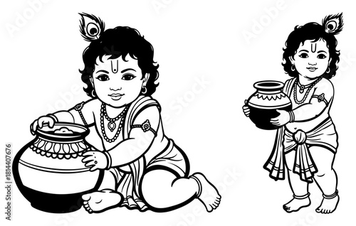 Cute baby krishna with butter pot in two poses line art vector illustration